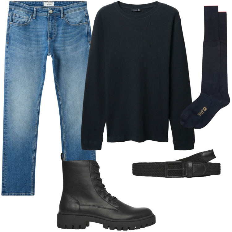 Outfit uomo - Total look #2250280. Stile Casual per Tutti i giorni. Abbinamento con anfibi, jeans, cinture, maglieria, calzini.