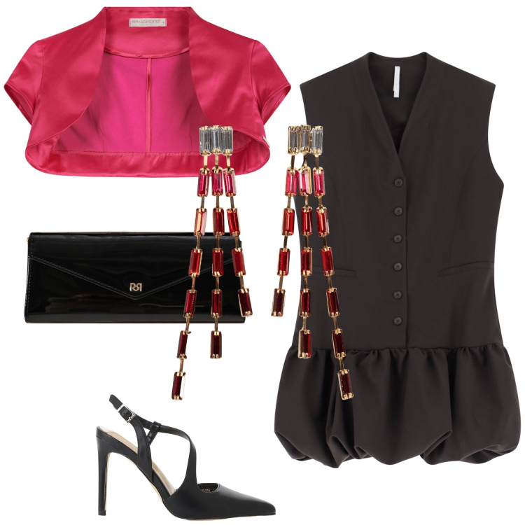 Outfit donna - Copri spalle rosso. Stile Glamour per Serata fuori. Abbinamento con orecchini, bolero, pochette, vestiti corti, décolleté.