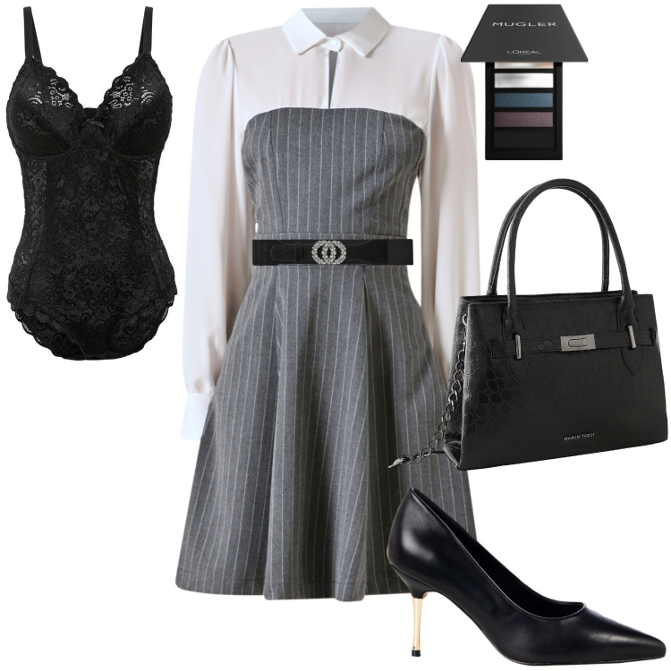 Outfit donna - Abito Gessato con Blusa. Stile Chic per Ufficio. Abbinamento con body, borse a mano, ombretti, cinture, vestiti corti, décolleté.