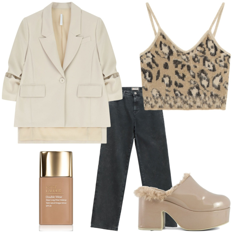 Outfit donna - Total look #2250308. Stile Casual chic per Serata fuori. Abbinamento con fondotinta, jeans dritti, top, blazer, sabot.