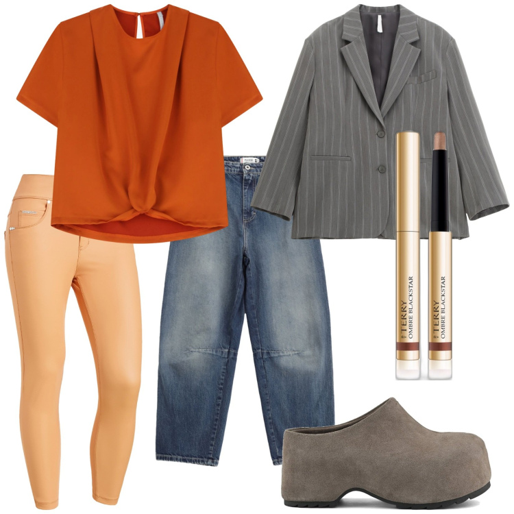 Outfit donna - Indecisa?. Stile Trendy per Tutti i giorni. Abbinamento con ombretti, jeans, blazer, t-shirt, jeggings, zoccoli.