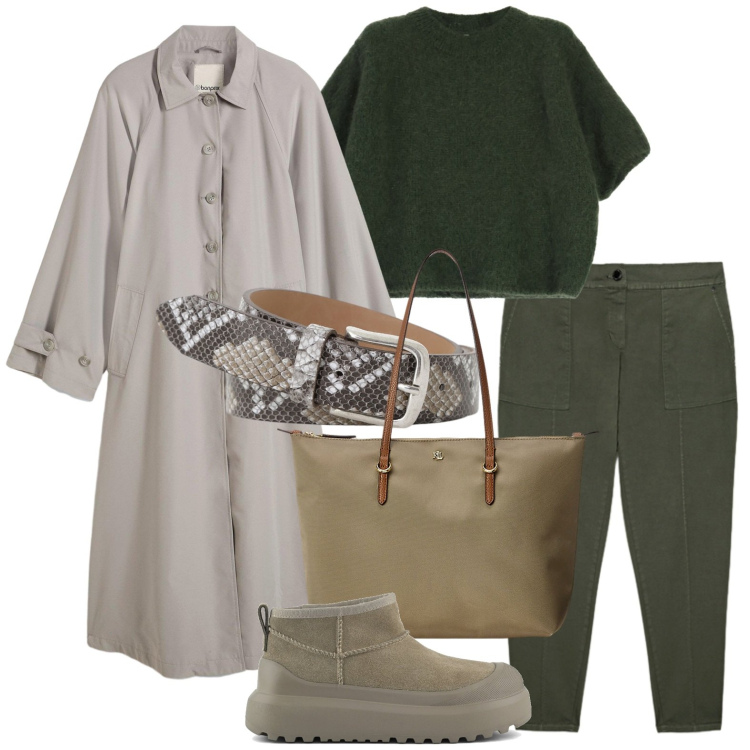 Outfit donna - Il trench fluido. Stile Minimal per Scuola/Università. Abbinamento con trench, maglieria, cinture, borse tote, pantaloni cargo, stivali.