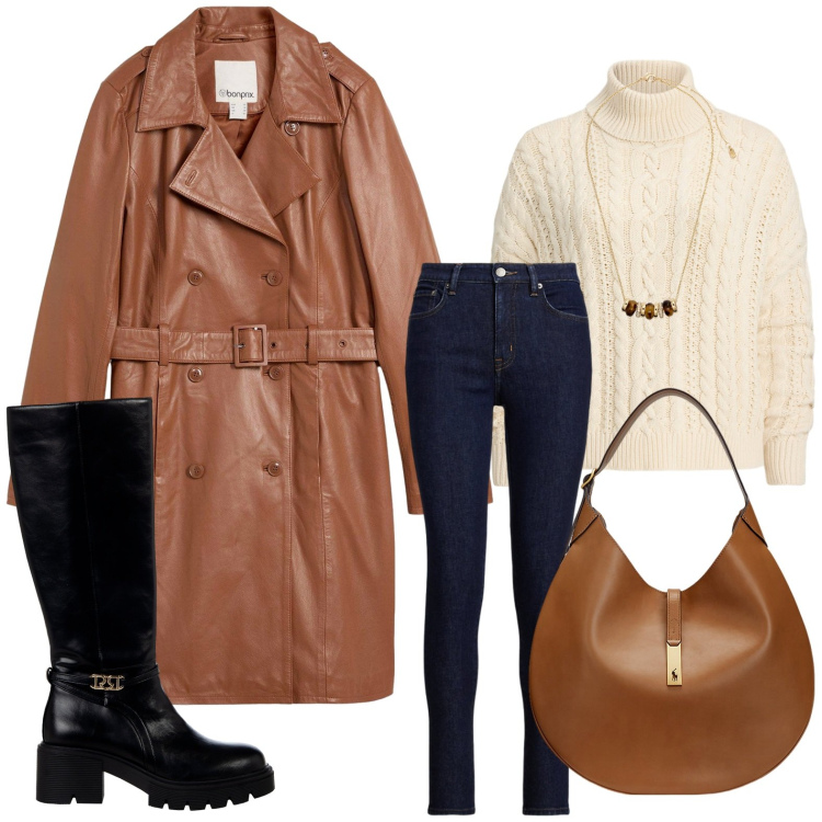 Outfit donna - Il trench fluido. Stile Minimal per Ufficio. Abbinamento con trench, stivali sopra il ginocchio, borse a spalla, collane, maglieria, jeans skinny.