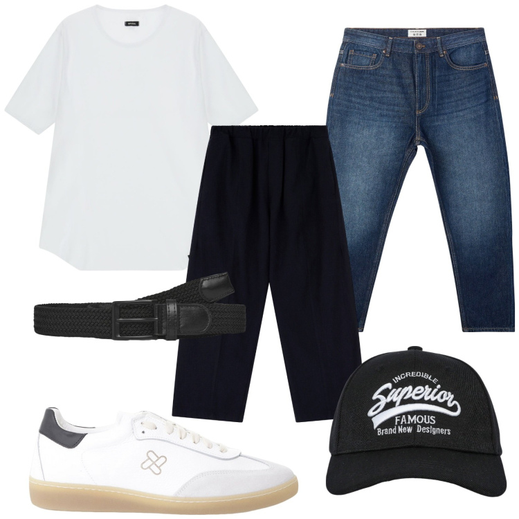 Outfit uomo - Cropped. Stile Trendy per Tutti i giorni. Abbinamento con cappelli con visiera, jeans, cinture, sneakers, pantaloni chino, t-shirt.