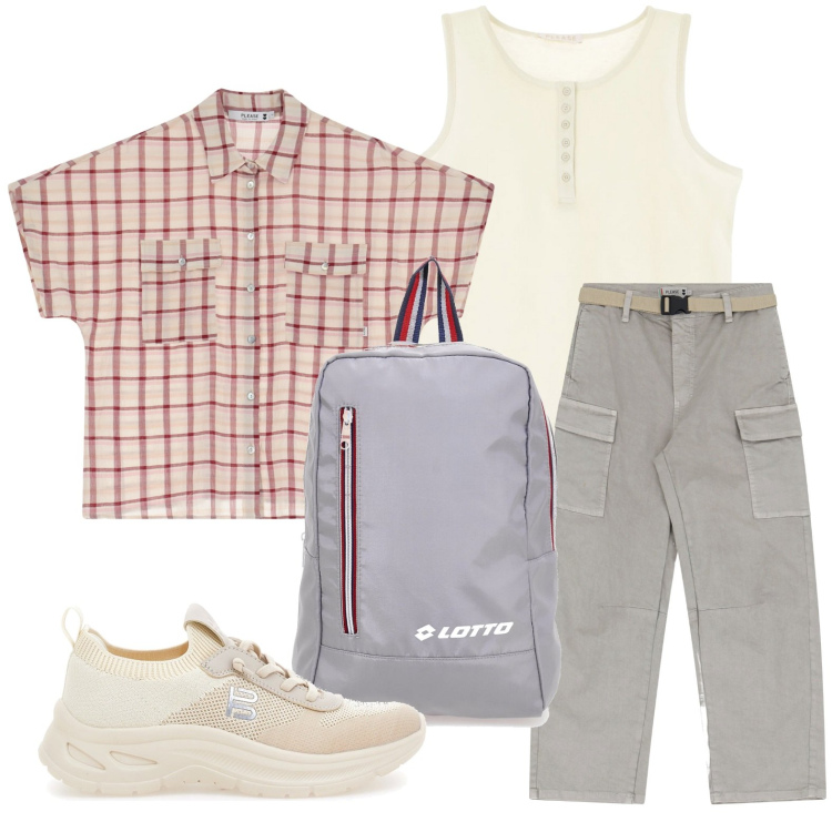 Outfit donna - Please FW 2025 takes New York. Stile Minimal per Tutti i giorni. Abbinamento con pantaloni chino, canottiere, camicie a manica corta, zaini, sneakers.