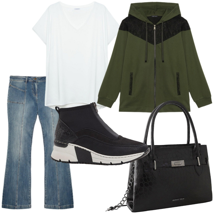 Outfit donna - Comoda. Stile Military per Scuola/Università. Abbinamento con borse a mano, sneakers, t-shirt, jeans, felpe con cappuccio.