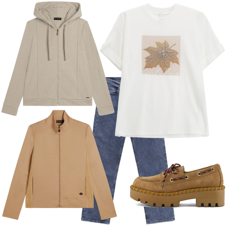 Outfit donna - Mattina autunnale. Stile Casual per Tutti i giorni. Abbinamento con jeans dritti, t-shirt, felpe con cappuccio, felpe sportive, mocassini.