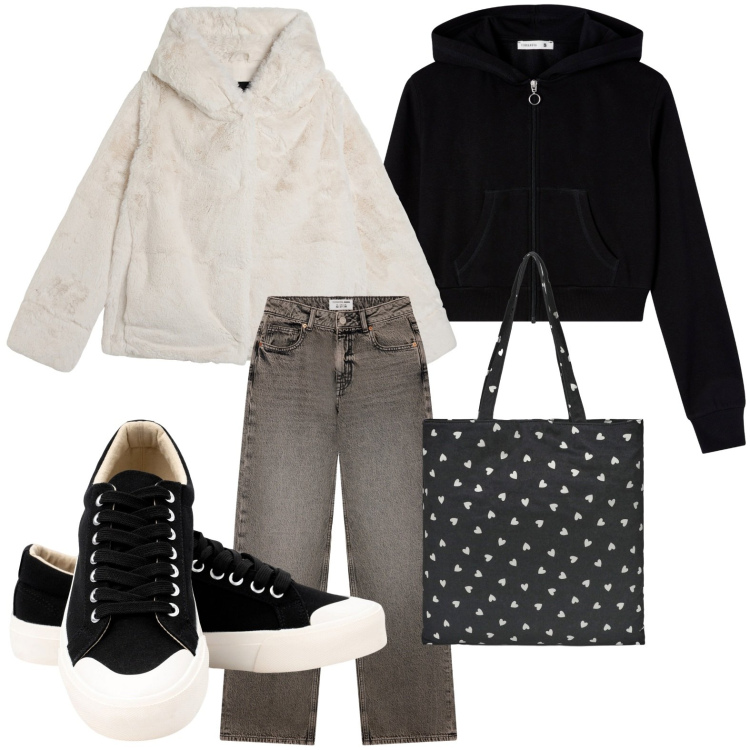 Outfit donna - Freddo con stile. Stile Minimal per Scuola/Università. Abbinamento con felpe con cappuccio, borse tote, jeans, blazer, sneakers.