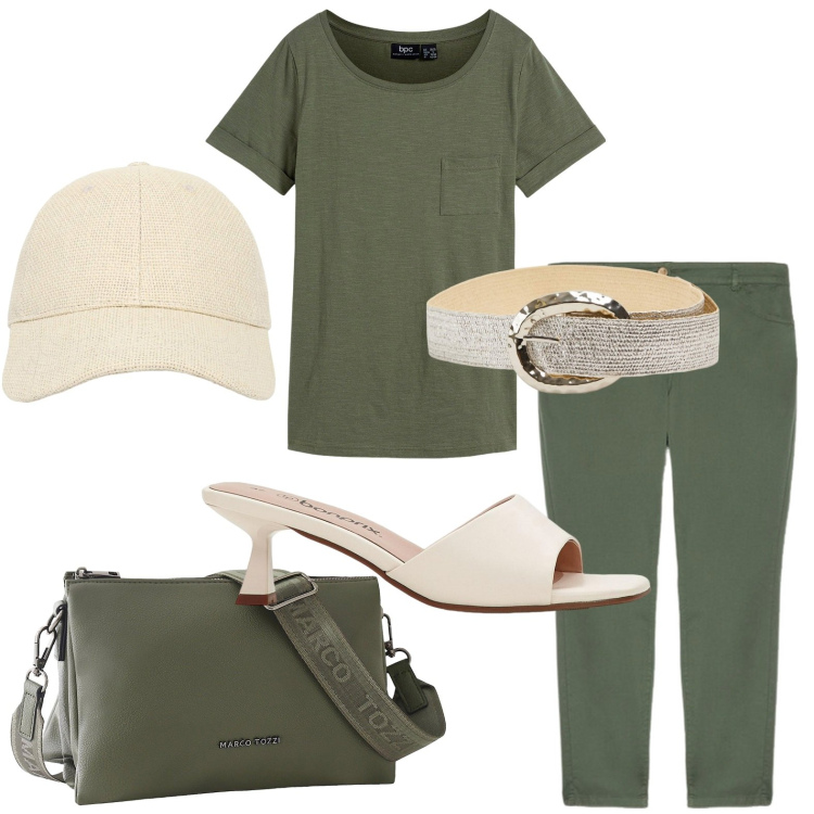Outfit donna - I colori del bosco. Stile Minimal per Tutti i giorni. Abbinamento con t-shirt, ciabatte, borse a tracolla, cappelli con visiera, cinture, pantaloni skinny.