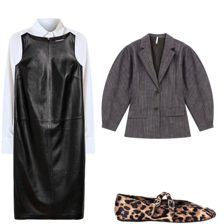 Outfit donna - Grigio pelle ed animalier. Stile Preppy per Serata fuori. Abbinamento con vestiti, ballerine, camicie, blazer.
