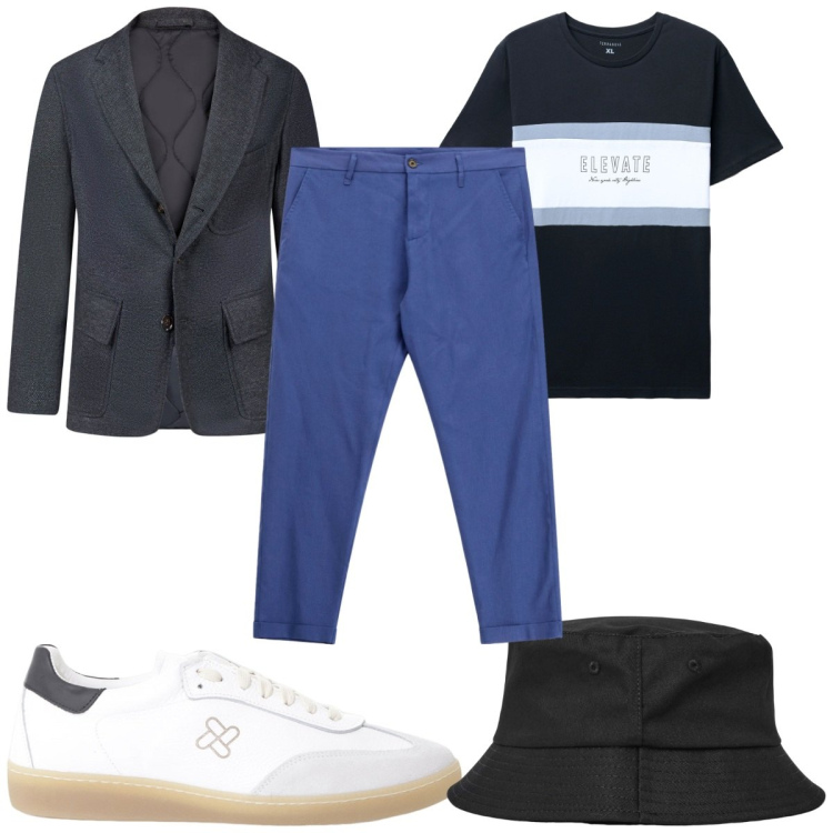 Outfit uomo - Sneakers bianche pantaloni cropped blu. Stile Trendy per Tutti i giorni. Abbinamento con cappelli, t-shirt, sneakers, pantaloni, giacche.
