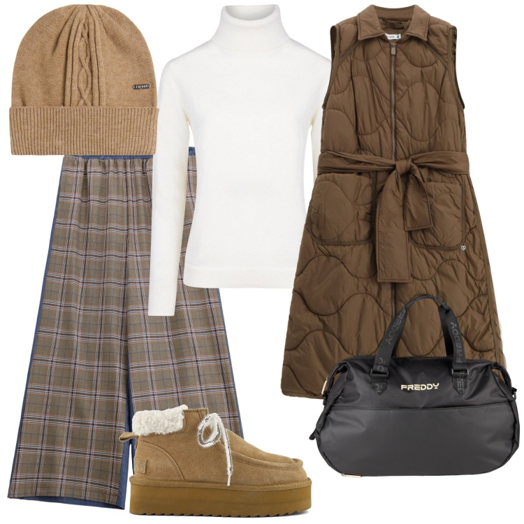 Outfit donna - Si va in montagna. per Tutti i giorni. Abbinamento con pantaloni a palazzo, blazer, borse sportive, berretti, maglieria, stivali.