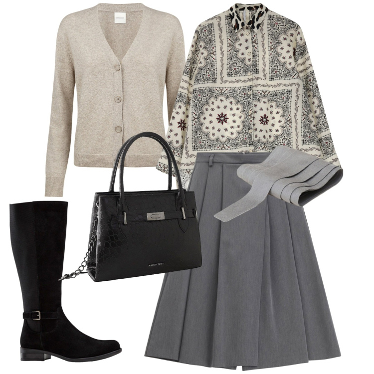 Outfit donna - In ufficio. per Ufficio. Abbinamento con stivali, borse a mano, pantaloni, cinture, camicie, cardigans.