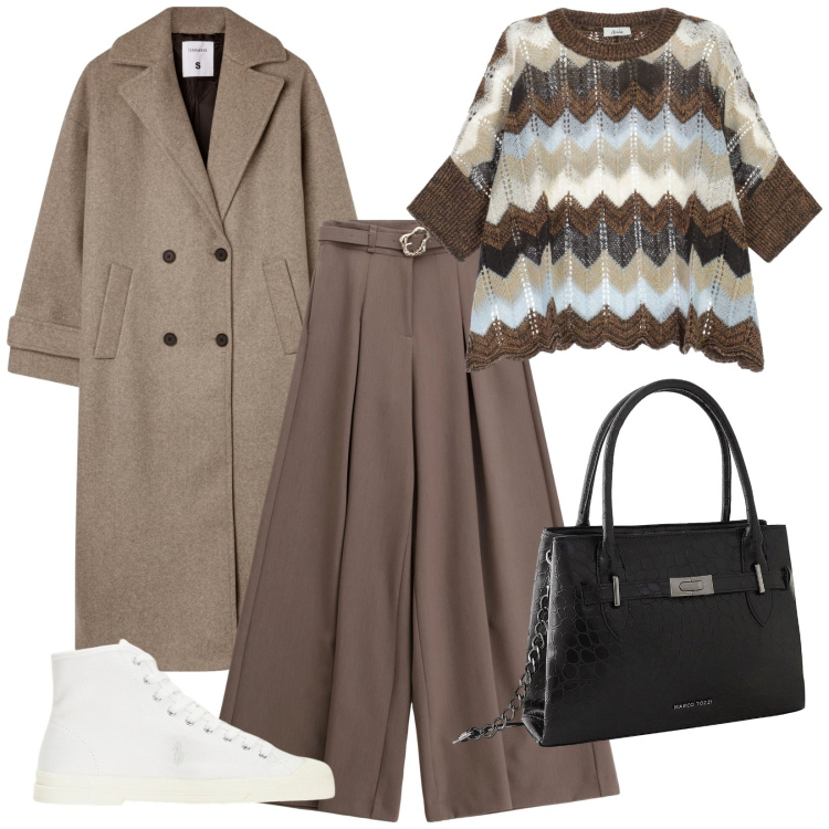 Outfit donna - Brunch domenicale. Stile Casual chic per Tutti i giorni. Abbinamento con borse a mano, cappotti, pantaloni, maglieria, sneakers alte.