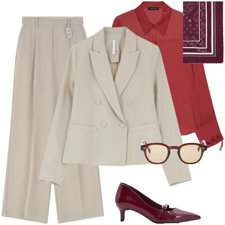 Outfit donna - Bordeaux. Stile Chic per Ufficio. Abbinamento con décolleté, pantaloni, occhiali da sole, blazer, camicie, foulard.