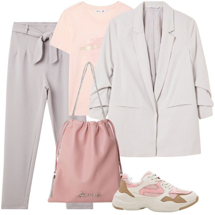 Outfit donna - Total look #2250386. Stile Sporty chic per Ufficio. Abbinamento con sneakers, pantaloni chino, t-shirt, blazer, borse a secchiello.