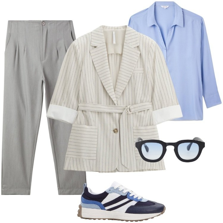 Outfit donna - Total look #2250388. Stile Mannish per Ufficio. Abbinamento con sneakers, pantaloni chino, bluse, occhiali da sole, blazer.