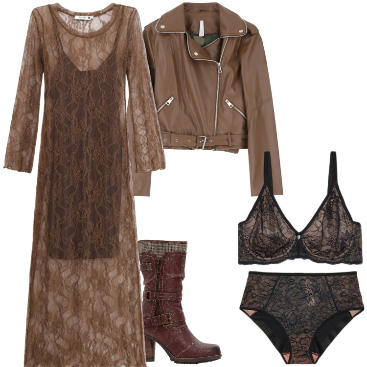 Outfit donna - Total look #2250390. Stile Urban per Tutti i giorni. Abbinamento con stivali, vestiti lunghi, giacche, reggiseni, culotte.