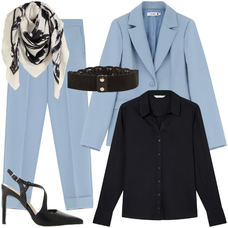 Outfit donna - Total look #2250392. Stile Chic per Ufficio. Abbinamento con foulard, camicie, cinture, blazer, pantaloni, décolleté.
