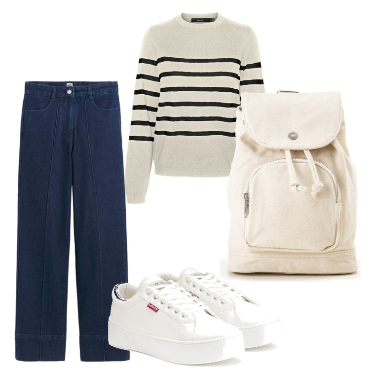 Outfit mujer - Basic look. Estilo Basic para Todos los días. Combinación con sneakers, prendas de punto, vaqueros, mochilas.