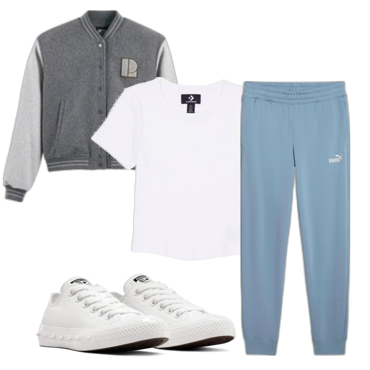 Outfit mujer - Deportes. Estilo Casual para Deporte. Combinación con sneakers, camiseta, blazers, pantalones.