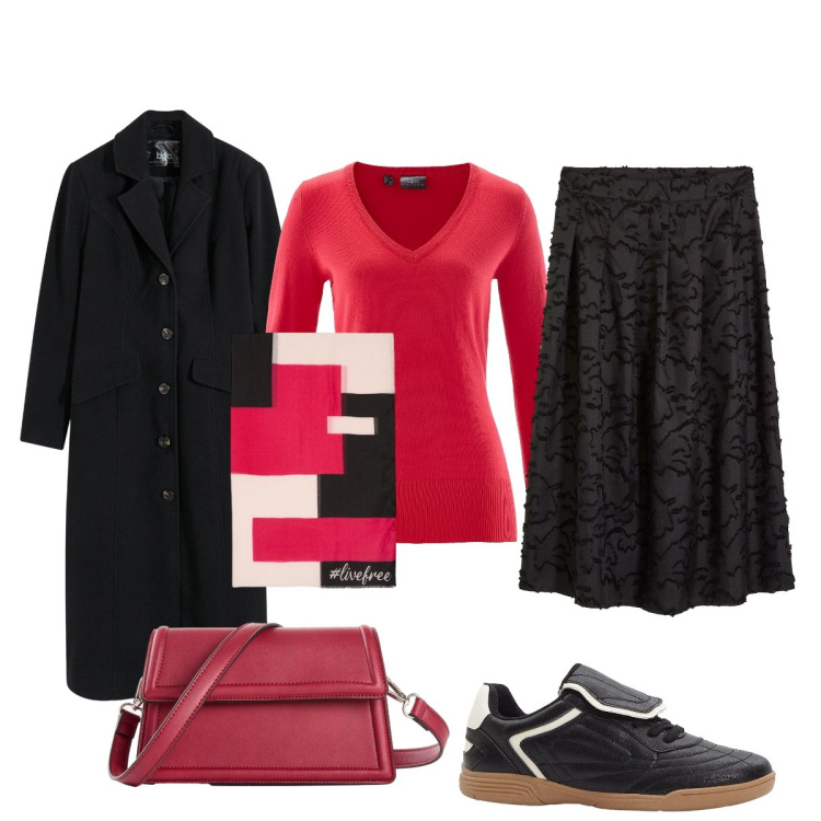 Outfit donna - Per il brunch rosso e nero. Stile Bon Ton per Tutti i giorni. Abbinamento con gonne longuette, sneakers, cappotti, maglieria, borse a tracolla, sciarpe.