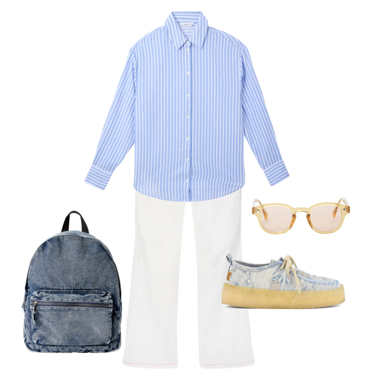 Outfit donna - Casual. Stile Casual per Ufficio. Abbinamento con camicie, zaini, occhiali da sole, mocassini, pantaloni.