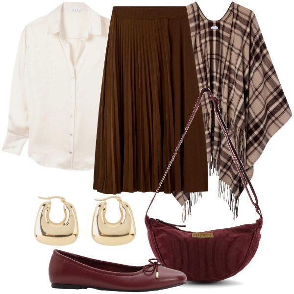 Outfit donna - Brunch domenicale di settembre. Stile Casual chic per Tutti i giorni. Abbinamento con ballerine, orecchini, cappotti, camicie, gonne lunghe, borse a tracolla.