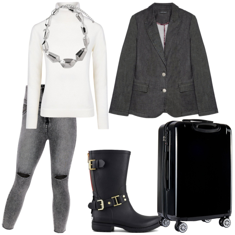 Outfit donna - Si parte. per Tutti i giorni. Abbinamento con jeans skinny, valigie, stivali, ciondoli, maglieria, blazer.