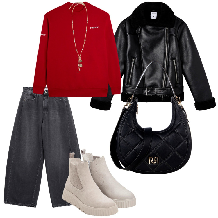 Outfit donna - Giornate fredde. per Tutti i giorni. Abbinamento con stivaletti, giacche, borse a tracolla, jeans, felpe, ciondoli.