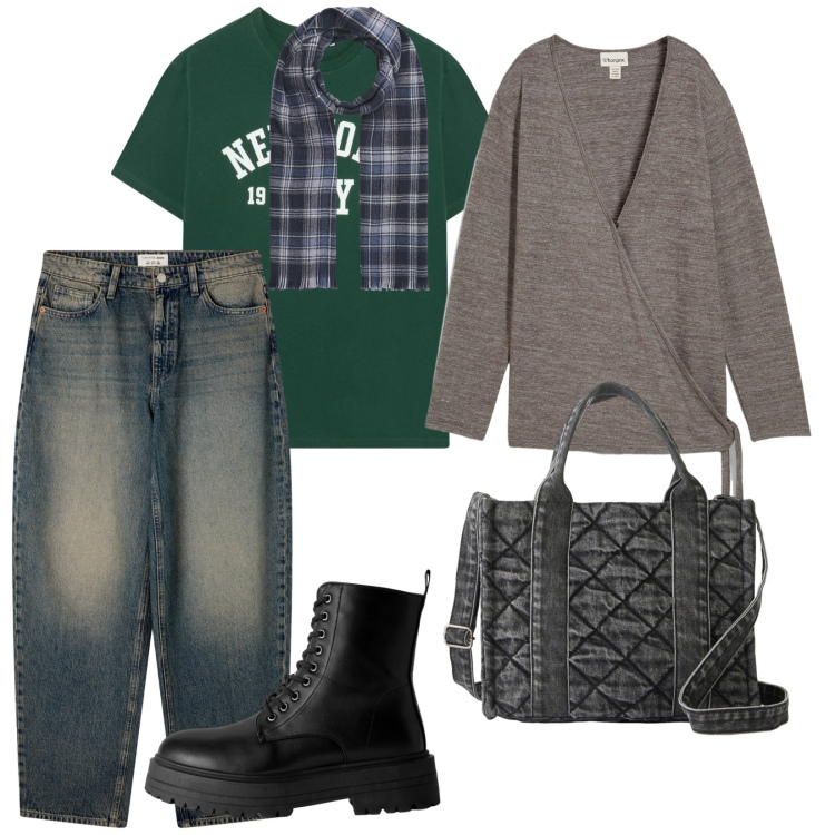 Outfit donna - Tra amiche in cioccolateria. per Tutti i giorni. Abbinamento con cardigans, borse a mano, jeans, anfibi, sciarpe, t-shirt.