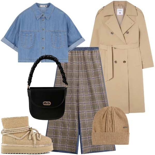 Outfit donna - Autunno in arrivo. Stile Urban per Tutti i giorni. Abbinamento con trench, borse a mano, camicie a manica corta, pantaloni a palazzo, berretti, stivaletti.
