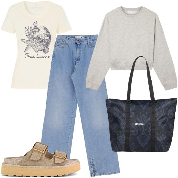 Outfit donna - Sea love. Stile Casual chic per Mare. Abbinamento con t-shirt, felpe, jeans, shopping bag, sandali in pelle.