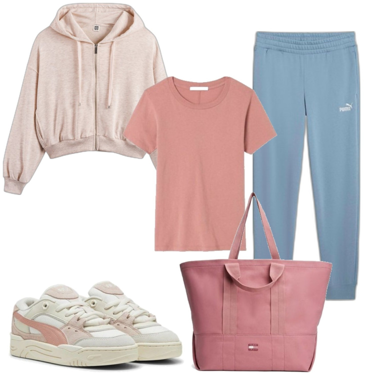 Outfit mujer - Deportes. Estilo Casual para Deporte. Combinación con pantalones, sneakers, bolso tote, camiseta, sudaderas con capucha.