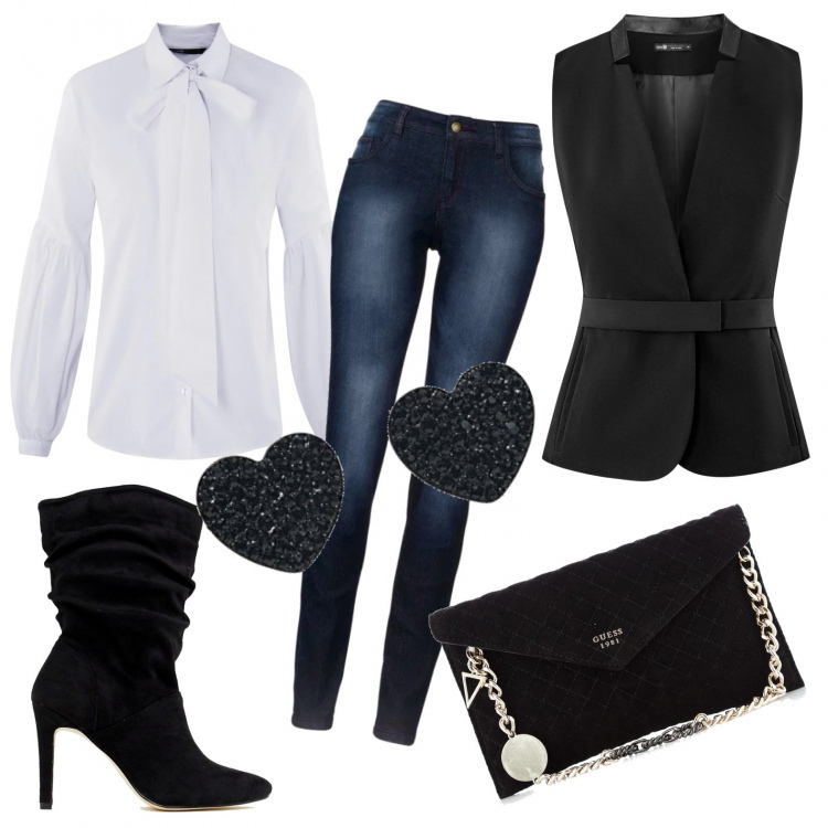 Outfit donna - Trendy #1506. Stile Trendy Abbinamento con jeans skinny, gilet a panciotto in ecopelle nero, camicetta con fiocco aderente bianco, stivali con tacco spillo a punta, pochette in velluto nero, orecchini a perno con cuore.