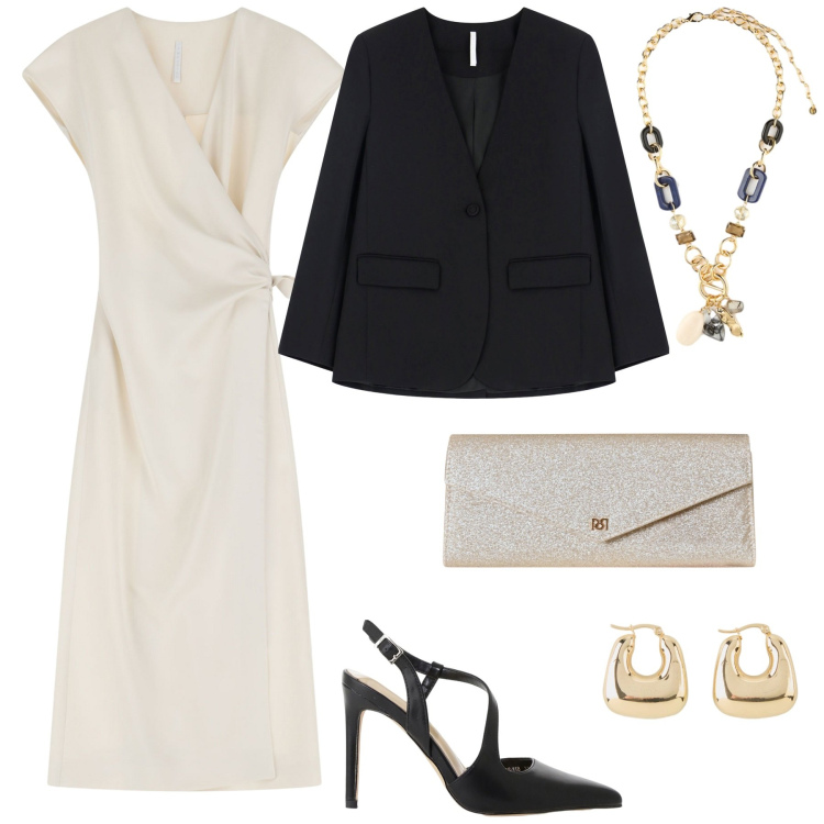 Outfit donna - Serata al ristorante gourmet. Stile Chic per Serata fuori. Abbinamento con orecchini, pochette, vestiti midi/longuette, décolleté, blazer, collane.