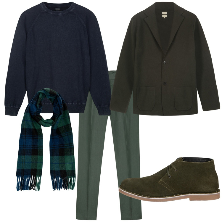 Outfit uomo - Domenica sera. Stile Trendy per Serata speciale. Abbinamento con giacche, maglieria, pantaloni, stivali e stivaletti, sciarpe.