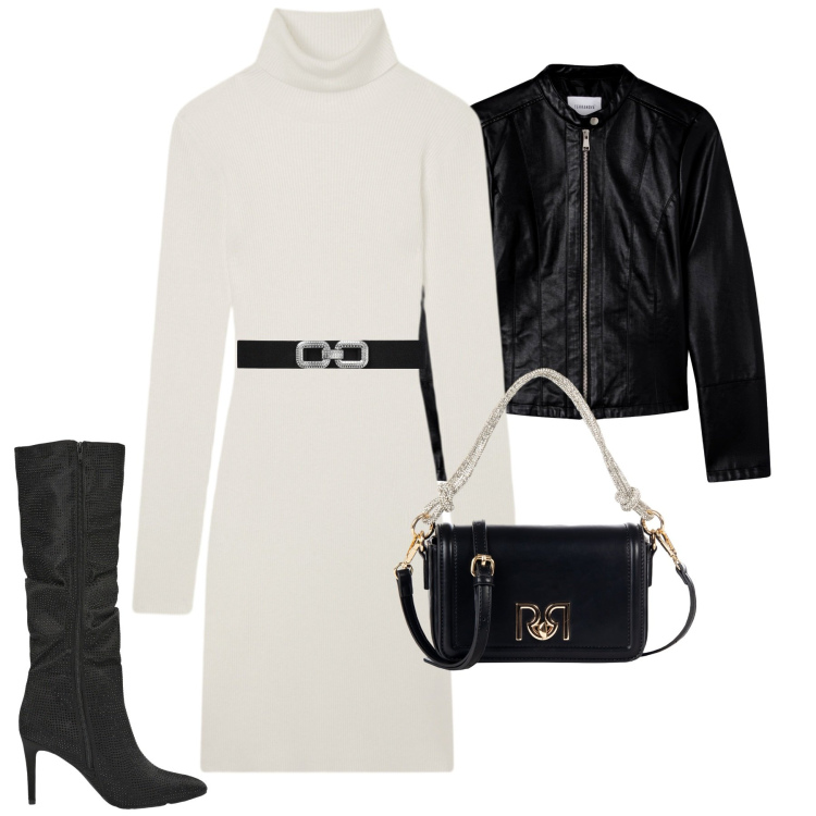 Outfit donna - Abitino in maglia aderente. Stile Minimal per Serata fuori. Abbinamento con vestiti corti, cinture, giacche, stivali, borse a mano.