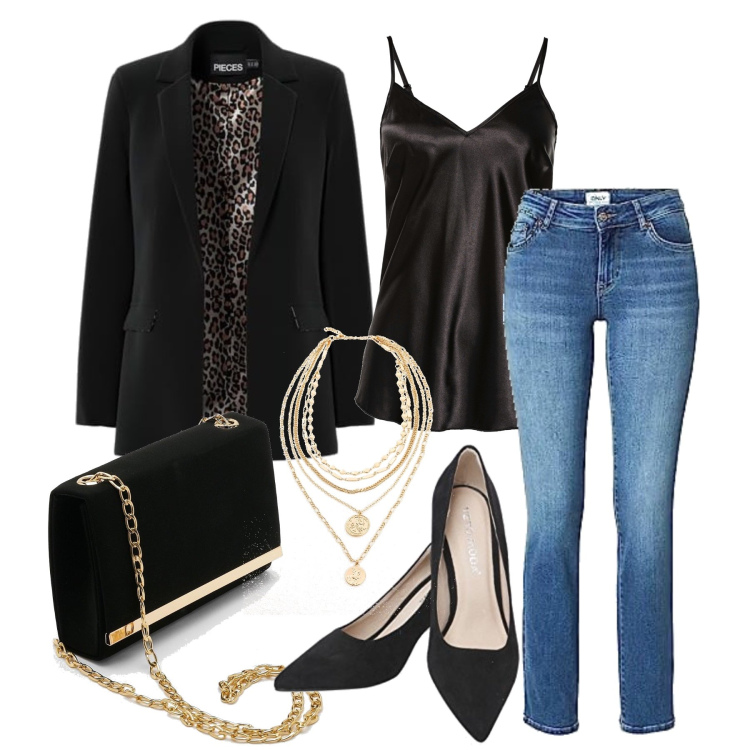 Outfit femme - Septembre. Style Glamour pour Soirée dehors. Assortir avec hauts, colliers, jean coupe droite, pochette, chaussures à talon, blazers.