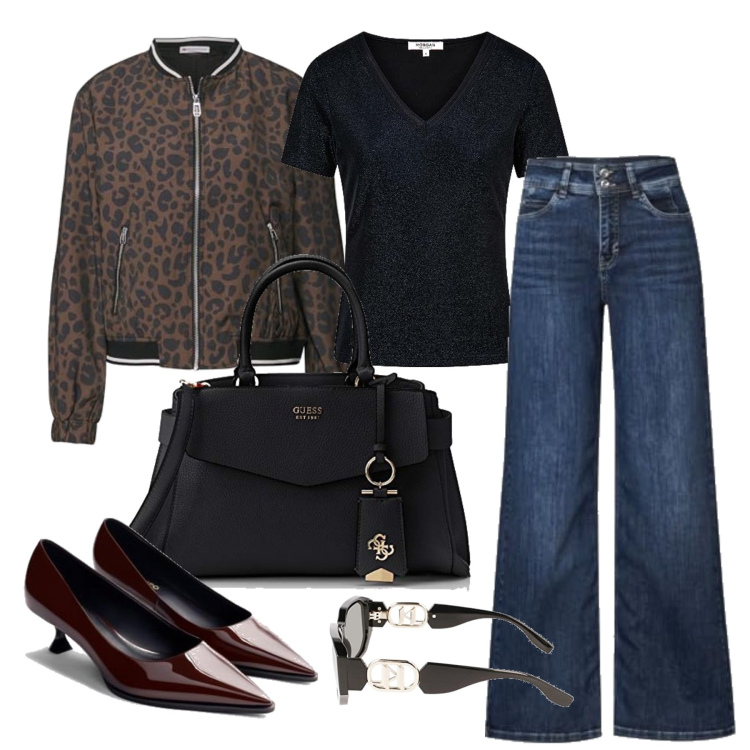 Outfit femme - Septembre. Style Casual chic pour Tous les jours. Assortir avec blazers, jeans, chaussures à talon, t-shirts, sacs cartable, lunettes de soleil.