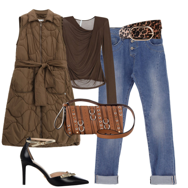 Outfit donna - City. Stile Casual chic per Tutti i giorni. Abbinamento con cinture, borse a spalla, décolleté, jeans slim fit, blazer, bluse.
