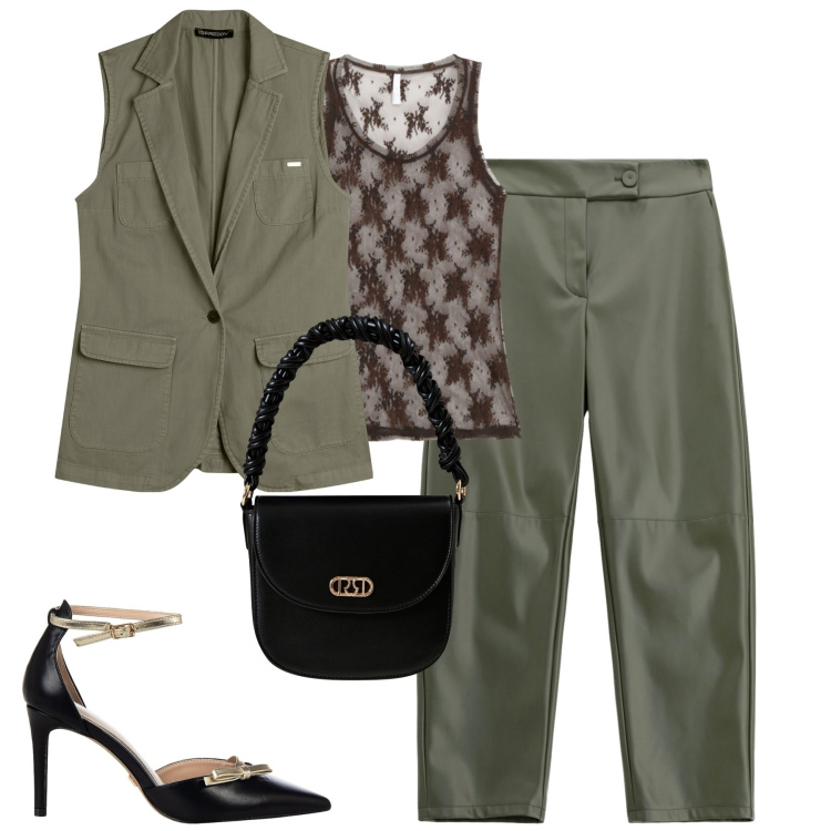 Outfit donna - City. Stile Trendy per Tutti i giorni. Abbinamento con décolleté, borse a mano, canottiere, pantaloni, gilet.
