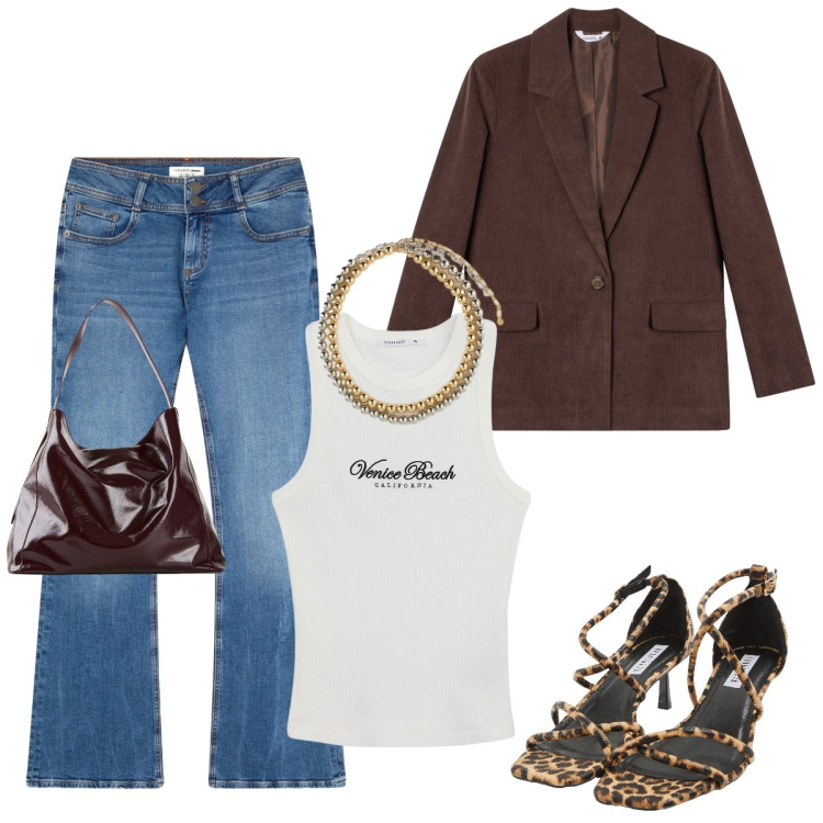 Outfit donna - Dammi un grrrr. Stile Casual chic per Serata fuori. Abbinamento con collane, sandali col tacco, canottiere, jeans a zampa, blazer, shopping bag.