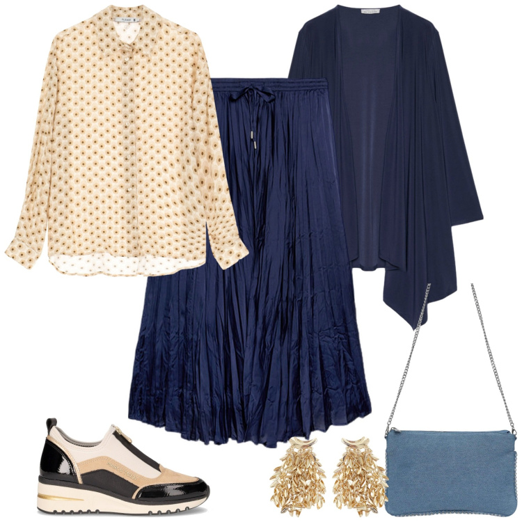 Outfit donna - Brunch domenicale di settembre - curvy. Stile Casual chic per Tutti i giorni. Abbinamento con borse a tracolla, camicie, orecchini, gonne lunghe, blazer, sneakers alte.