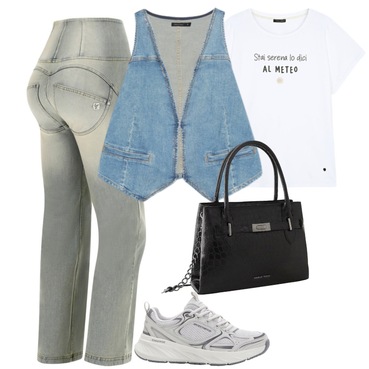 Outfit donna - Settembre. Stile Casual per Tutti i giorni. Abbinamento con sneakers, borse a mano, jeans, gilet, t-shirt.