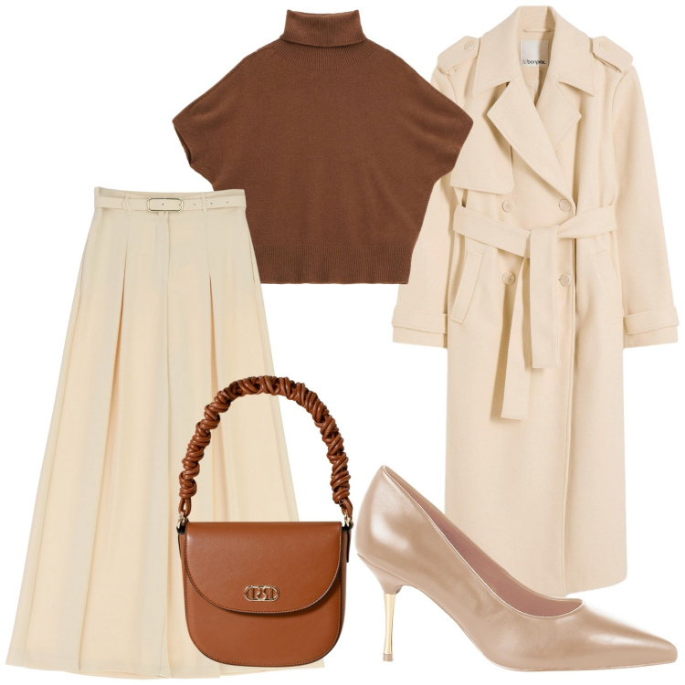 Outfit donna - Semplice eleganza. Stile Bon Ton per Serata fuori. Abbinamento con trench, décolleté, borse a mano, pantaloni, maglieria.