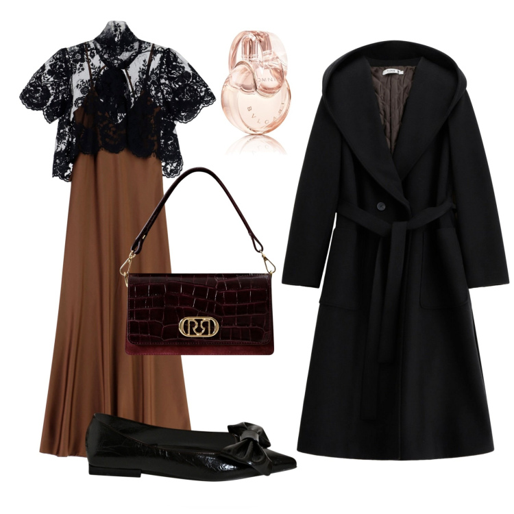 Outfit donna - Serata al ristorante gourmet. Stile Chic per Serata fuori. Abbinamento con profumi, ballerine, borse a mano, cappotti, vestiti lunghi.
