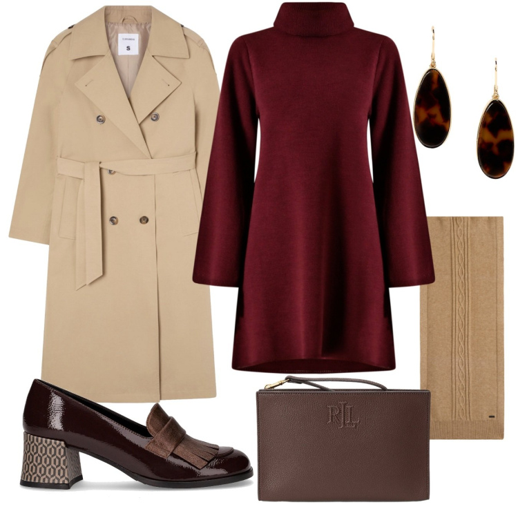 Outfit donna - Trench & Curvy. Stile Chic per Tutti i giorni. Abbinamento con trench, vestiti corti, sciarpe, orecchini, pochette, mocassini.