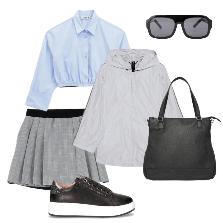 Outfit donna - Brunch domenicale di settembre. Stile Sporty chic per Tutti i giorni. Abbinamento con shopping bag, camicie, gonne, occhiali da sole, sneakers, parka.