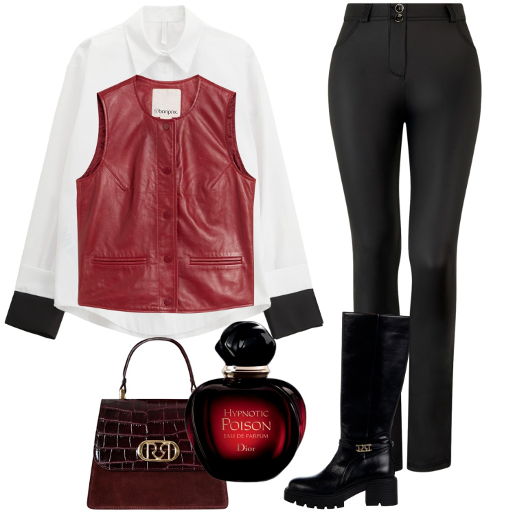 Outfit donna - Fascino irresistibile. Stile Urban per Ufficio. Abbinamento con gilet, profumi, stivali sopra il ginocchio, borse a mano, camicie, pantaloni.